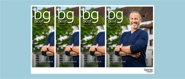 Cover bg-post 171 vom Juni 2025, Bild zeigt ein Mann mit grauem Bart und zurückgebundenem Haar, der lachend mit verschränkten Armen im Waisenhaus-Areal steht. Auf dem Titel der Zeitschrift „bg post“ heisst es: „Florian zeigt, warum sich Dranbleiben lohnt“.
