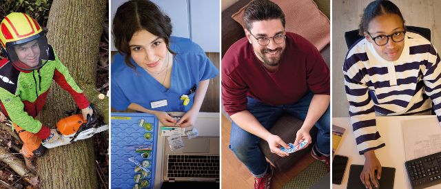 Vier BG-Lernende in unterschiedlichen Tätigkeitsfeldern sind nebeneinander im Hochformat porträtiert: ein Forstarbeiter mit Motorsäge, eine Pflegefachperson bei der Medikamentenverteilung, ein Mann beim Kartenspielen sowie ein Gärtner beim Umtopfen. Die Bildkomposition zeigt Vielfalt und Engagement in verschiedenen Arbeitsbereichen.